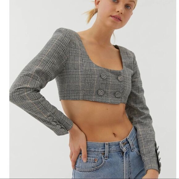 For Love & Lemons Frankie Plaid Crop Top Grey Wool Blend Large MSRP $189 - Picture 2 of 10